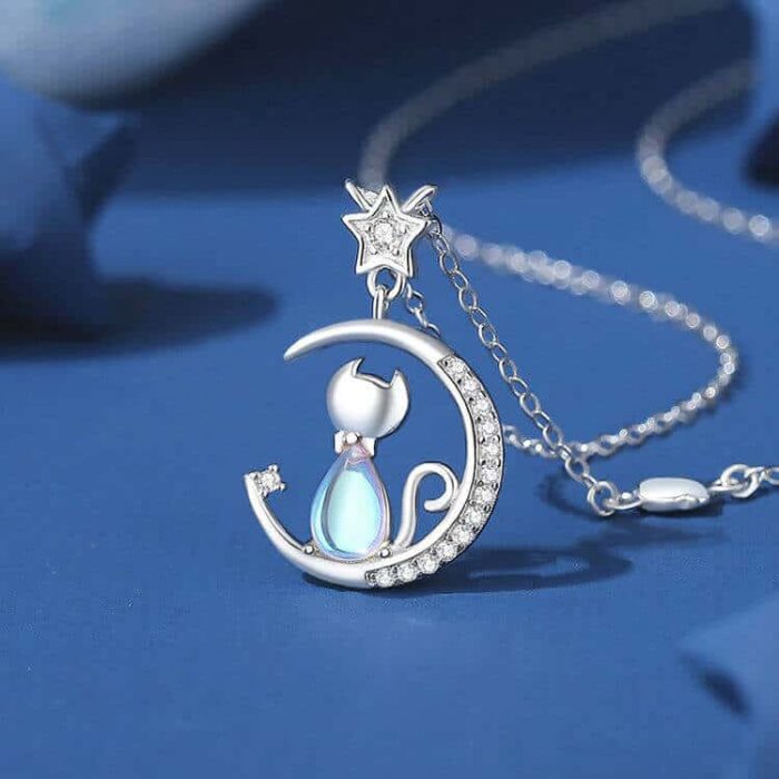 Wholesale Custom S925 Sterling Silver Moon Star Cat Necklace