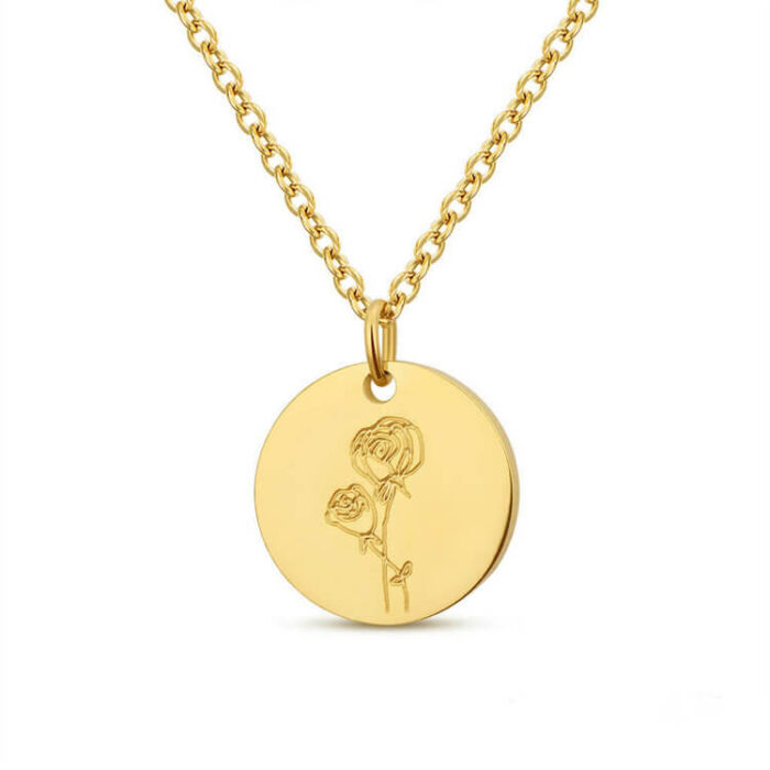 Wholesale Customized Stainless Steel Round Disco Deep Engraving Flower Necklace - Image 6